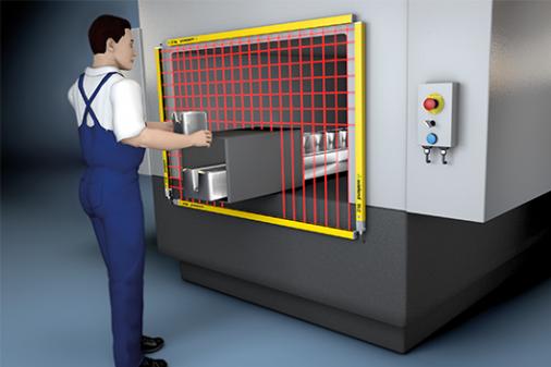 Safety light grid with muting function at material lock